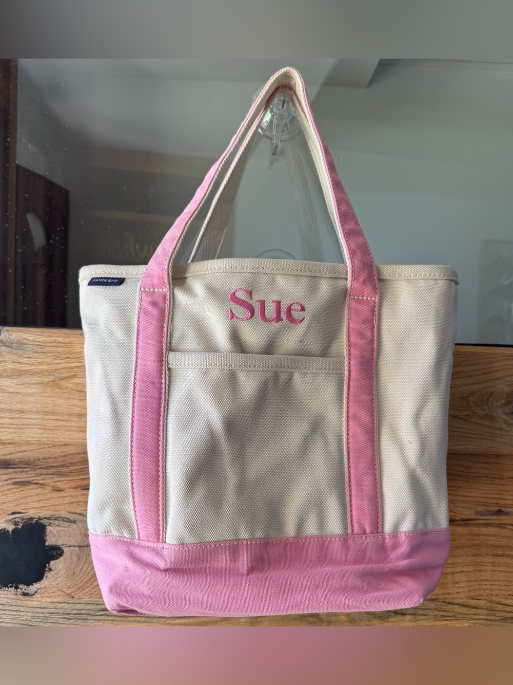 Lands’ End Canvas Tote Bag Pink & Natural Monogrammed “Sue” Medium Open Top Boat